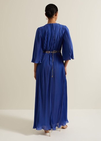 Phase Eight Venetia Pleat Beaded Dress Blue Australia | KO9785046